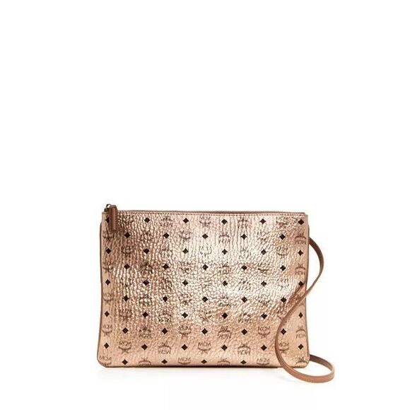 NWT MCM Monogram Printed Metallic Visetos Crossbody Pouch Champagne Medium $365 - Picture 2 of 13
